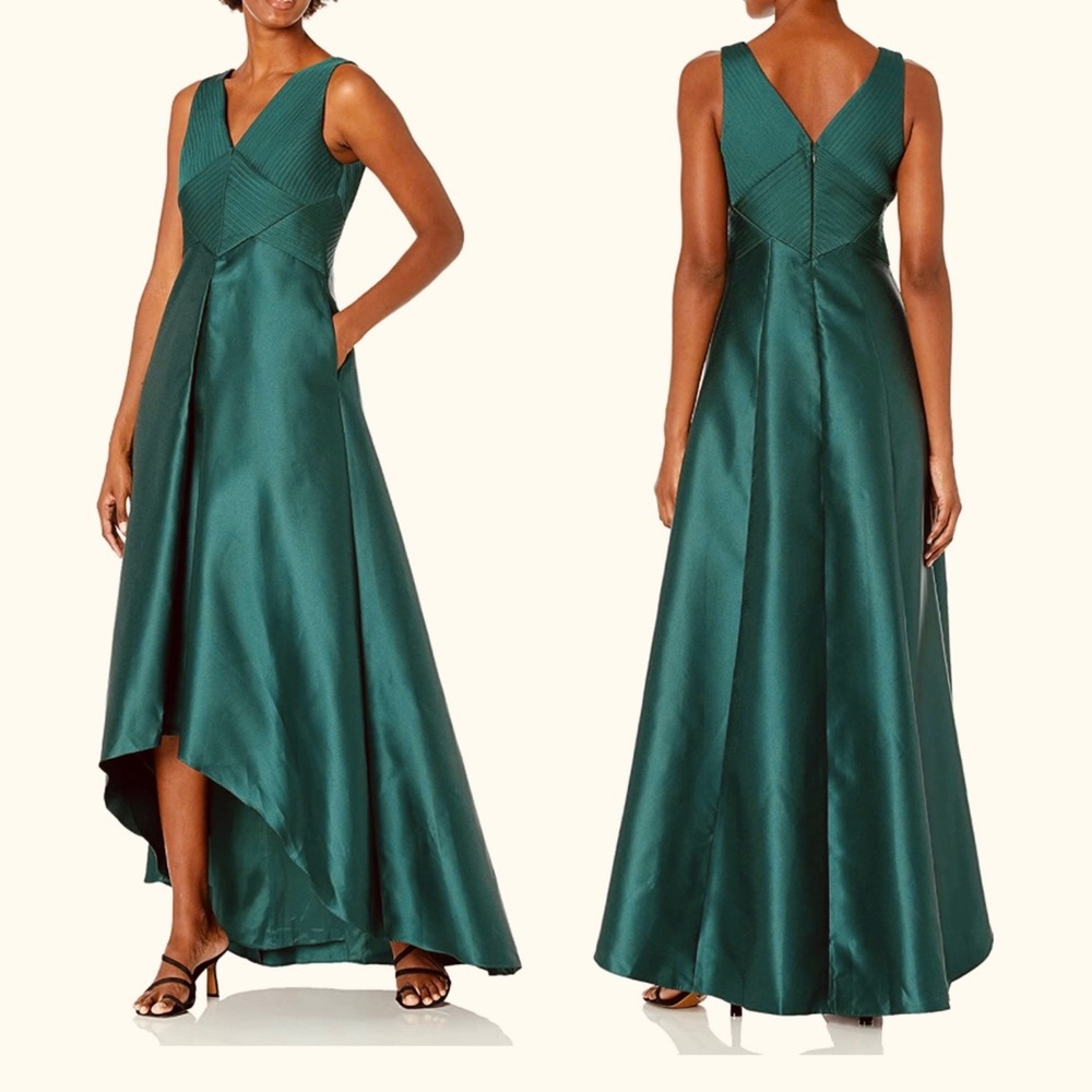 Adrianna Papell Women's Pleated Hi Low Mikado Gown, Dark Forest Green.  size 8
